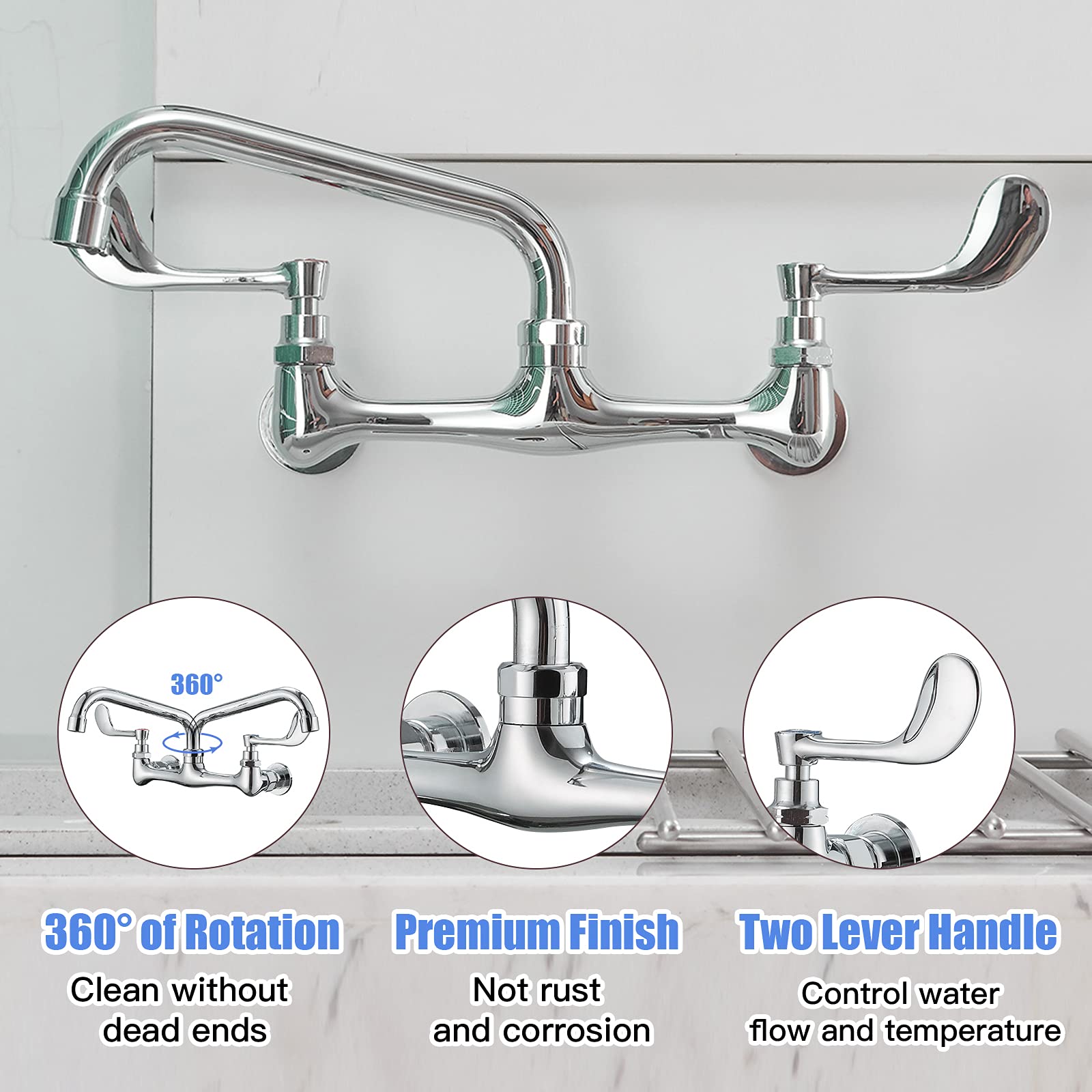 Bwe Kitchen Sink Faucet, Wall Mount Faucet 2 Handle With Swivel Spout 8'' Center Sink Faucet Commercial Polished Chrome Utility